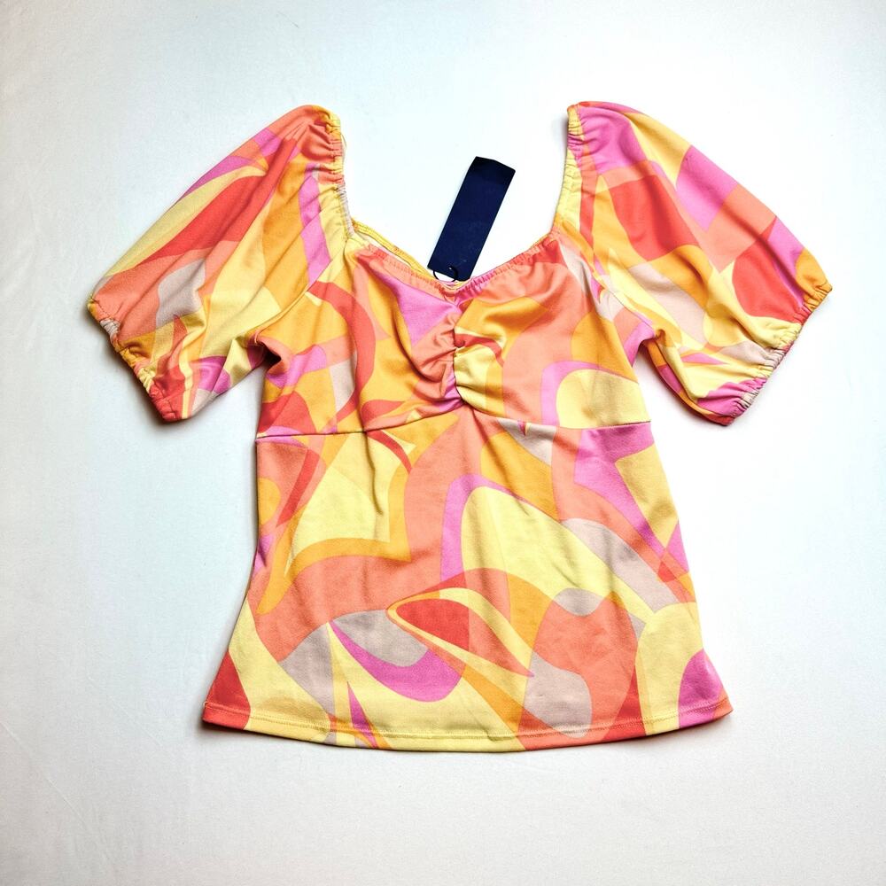 NWT Eclair Retro Abstract Print Orange Pink Puff Sleeve Top XS Back Cutout